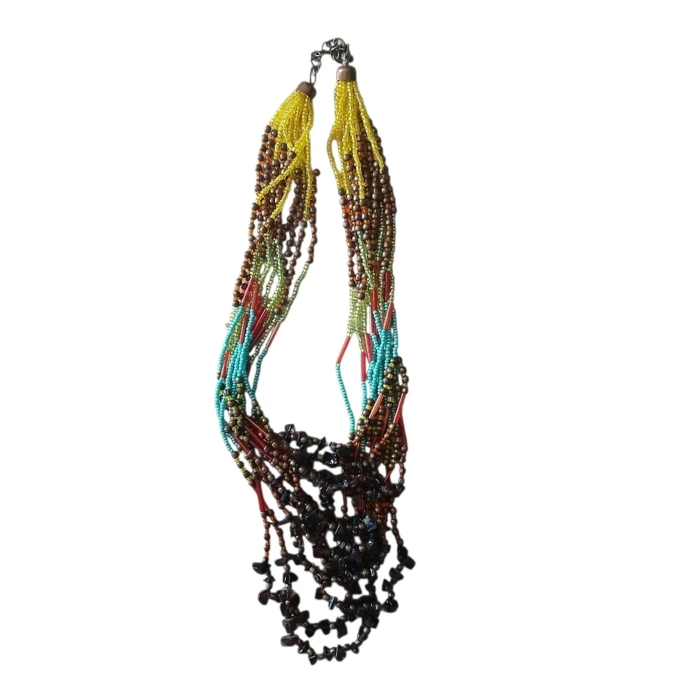 Colorful Peyote Multi-Stand Seed Bead Bohemian Necklace Native American Artistic